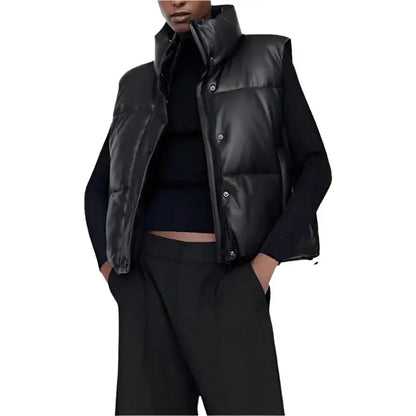 Women’s Black Leather Puffer Vest