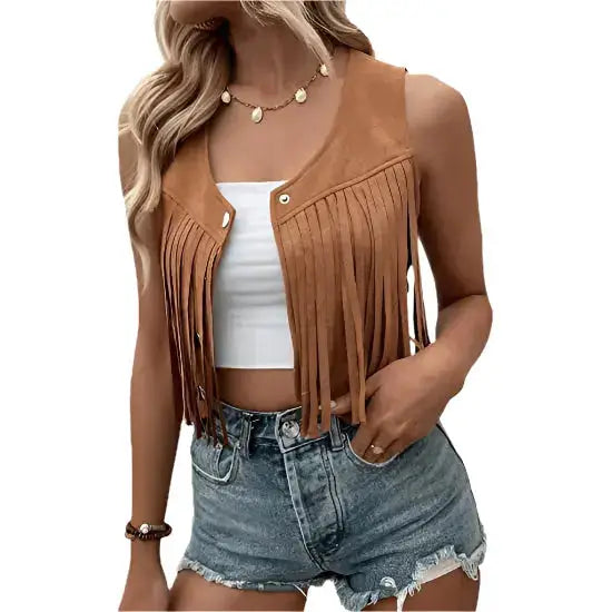 Women’s Coffee Brown Suede Sleeveless Crop Vest with Fringe Trim