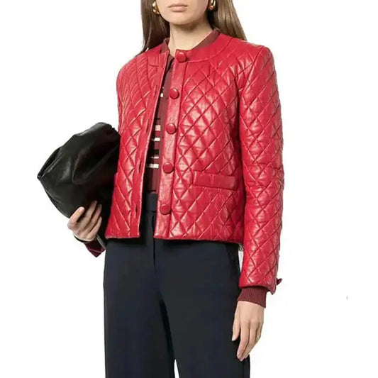 Women’s Quilted Red Collarless Leather Jacket