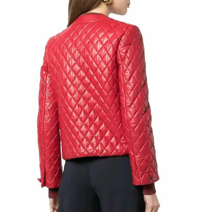 Women’s Quilted Red Collarless Leather Jacket