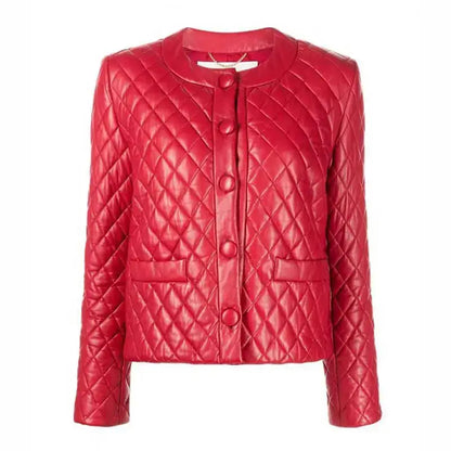 Women’s Quilted Red Collarless Leather Jacket