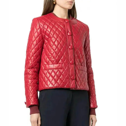Women’s Quilted Red Collarless Leather Jacket