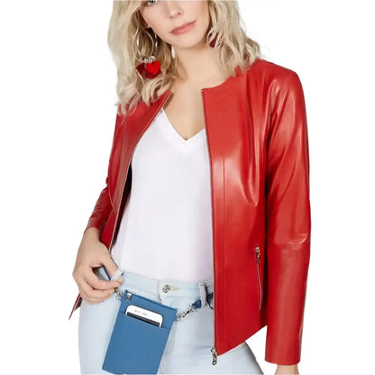 Women’s Collarless Red Leather Blazer – Slim Fit