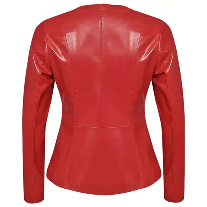 Women’s Collarless Red Leather Blazer – Slim Fit