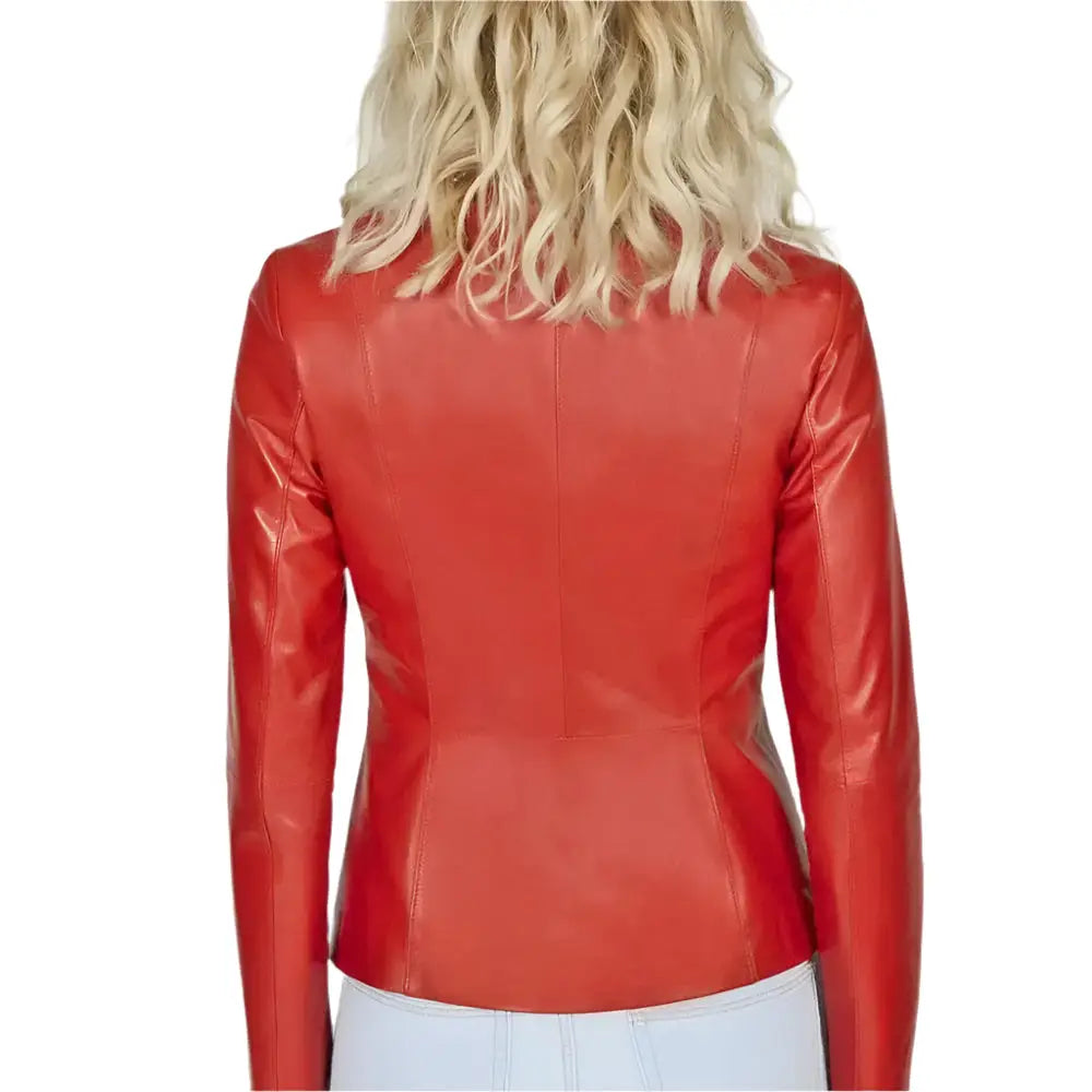 Women’s Collarless Red Leather Blazer – Slim Fit