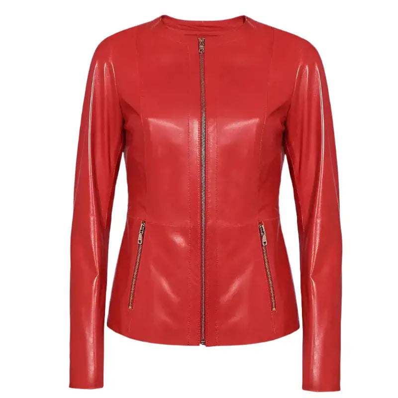 Women’s Collarless Red Leather Blazer – Slim Fit