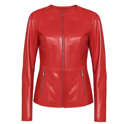 Women’s Collarless Red Leather Blazer – Slim Fit