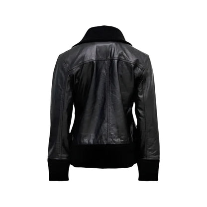 Women’s Black Leather Four-Pocket Bomber Jacket