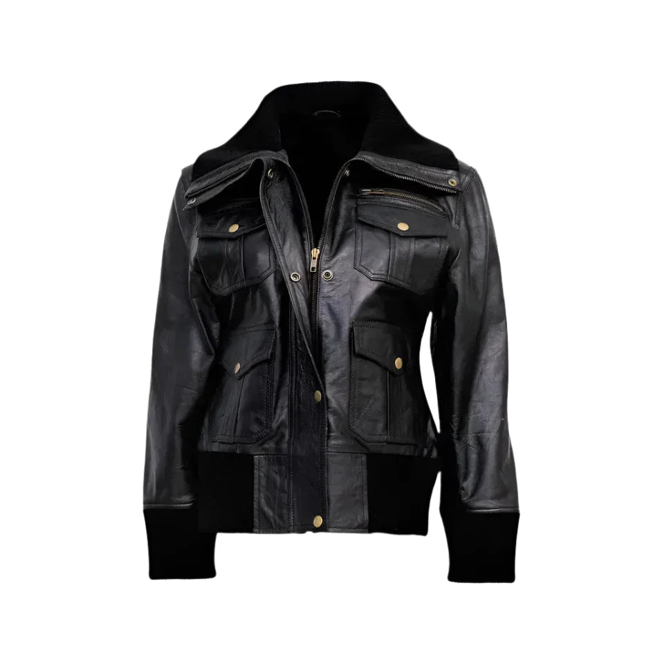 Women’s Black Leather Four-Pocket Bomber Jacket