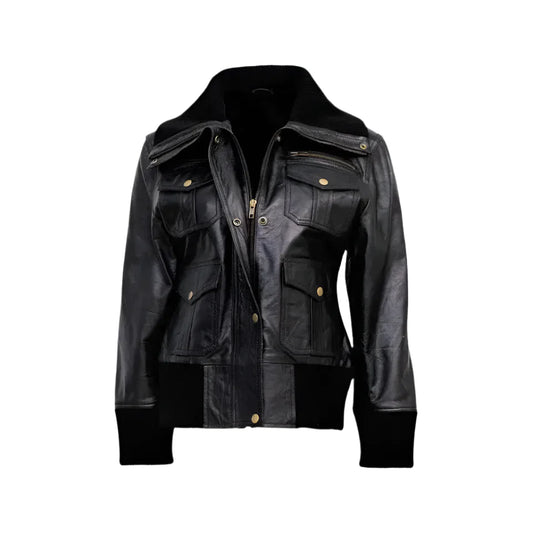 Women’s Black Leather Four-Pocket Bomber Jacket