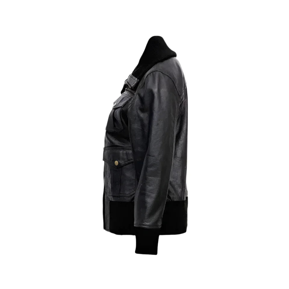 Women’s Black Leather Four-Pocket Bomber Jacket
