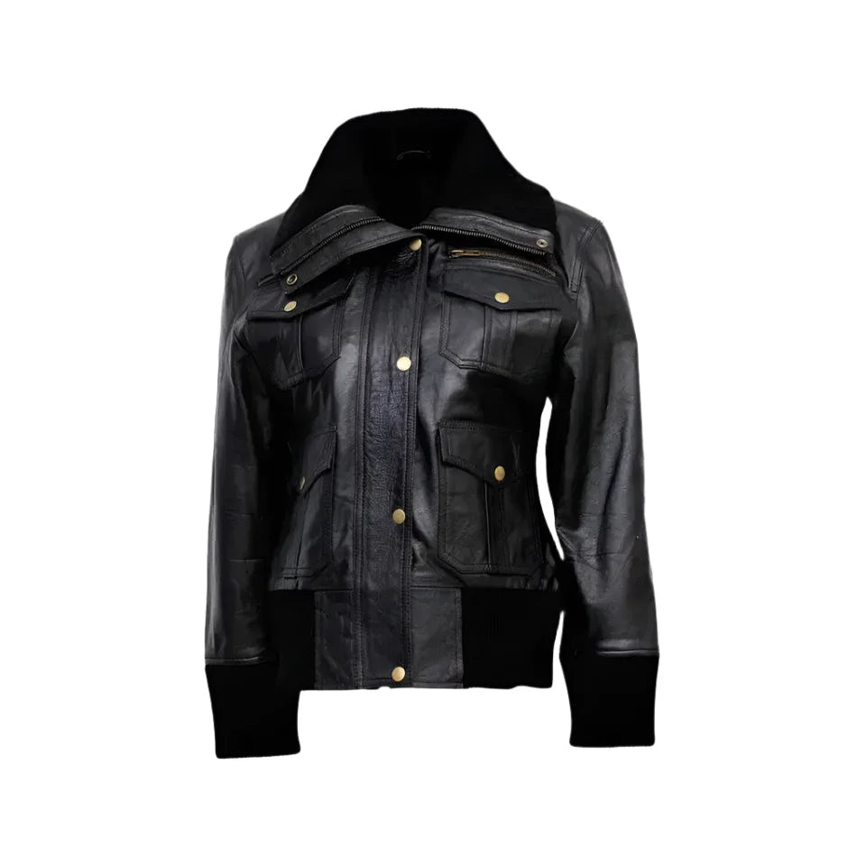 Women’s Black Leather Four-Pocket Bomber Jacket