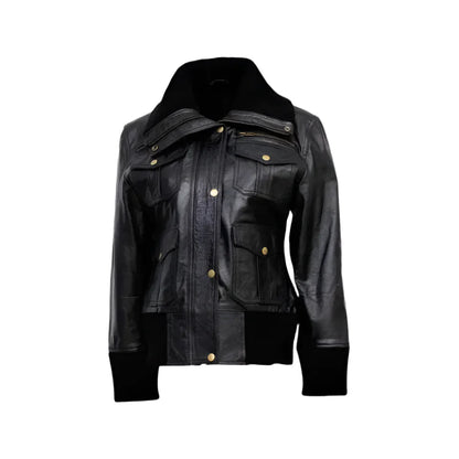Women’s Black Leather Four-Pocket Bomber Jacket