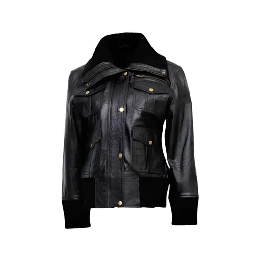 Women’s Black Leather Four-Pocket Bomber Jacket