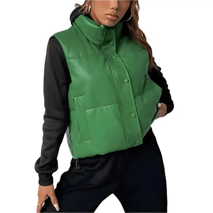 Women’s Green Puffer Leather Vest
