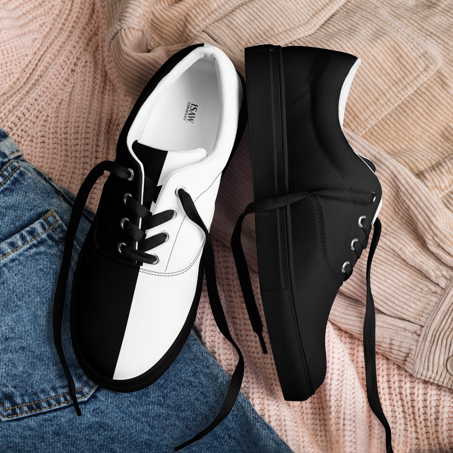 Half Black Half White - Womens Lace-Up Canvas Shoes