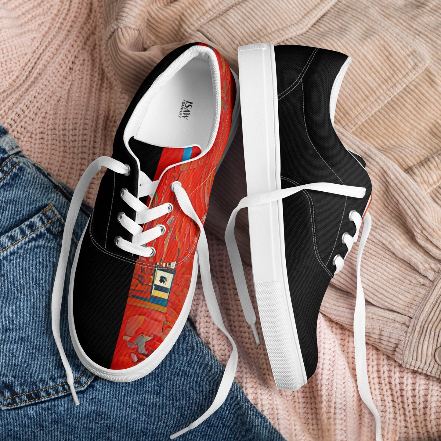 Half Black Half Hónghǎi - Womens Lace-Up Canvas Shoes