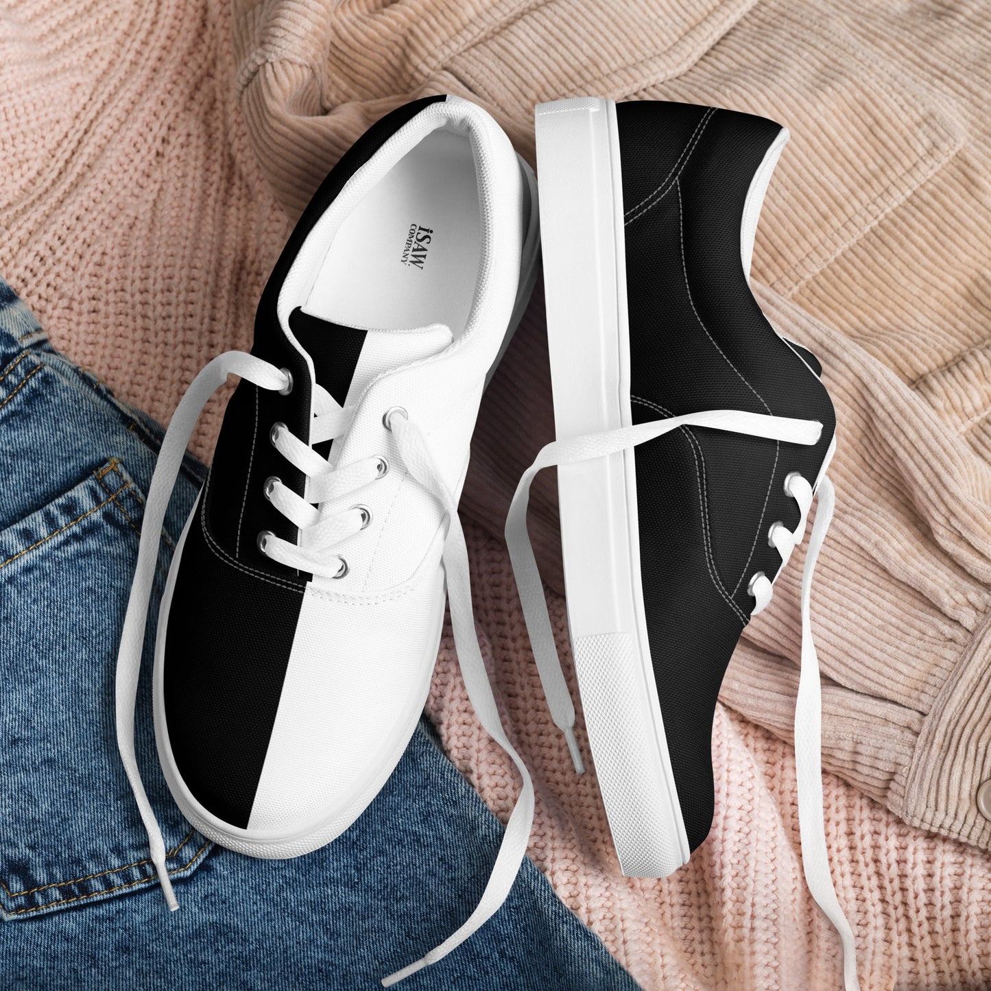 Half Black Half White - Womens Lace-Up Canvas Shoes