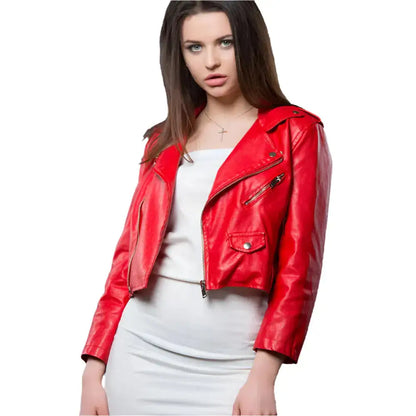 Women’s Red Cropped Leather Biker Jacket