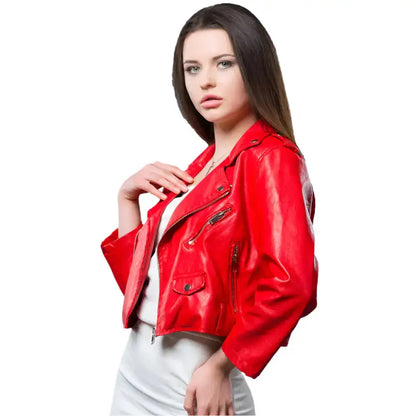 Women’s Red Cropped Leather Biker Jacket