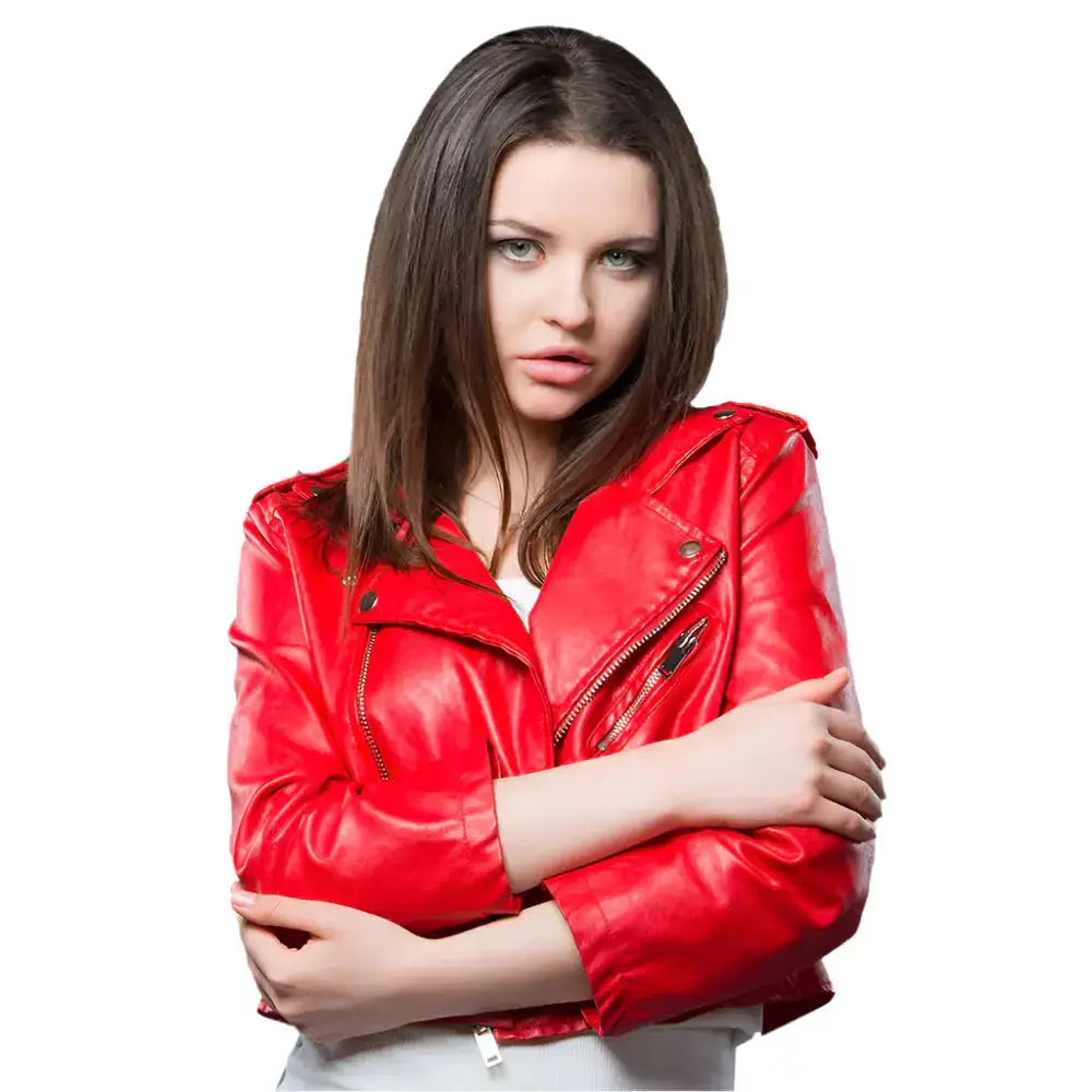 Women’s Red Cropped Leather Biker Jacket