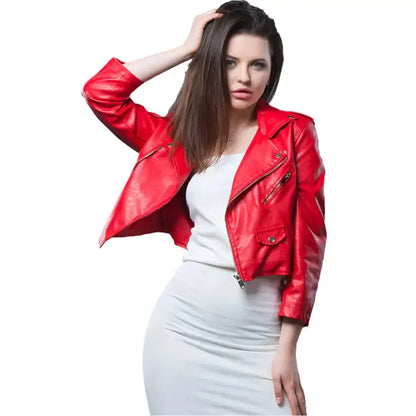 Women’s Red Cropped Leather Biker Jacket
