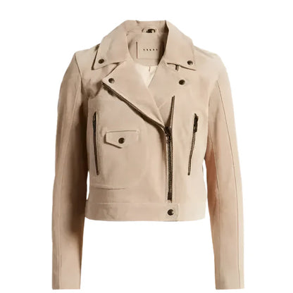 Women’s Tan Beige Suede Leather Biker Jacket