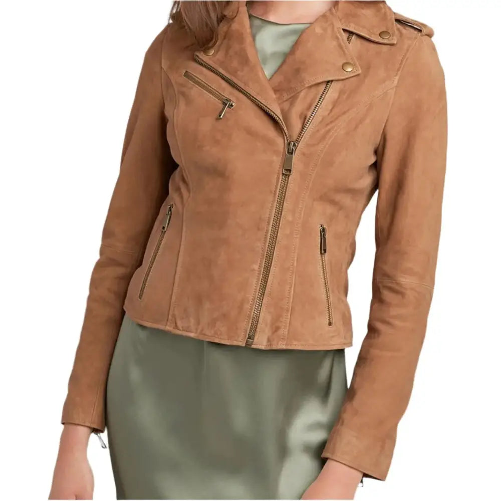 Women’s Tan Brown Suede Leather Moto Jacket