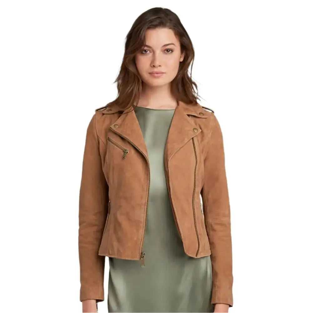 Women’s Tan Brown Suede Leather Moto Jacket