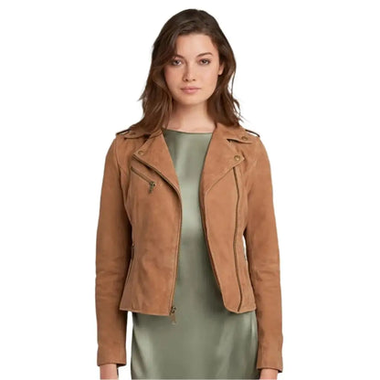 Women’s Tan Brown Suede Leather Moto Jacket