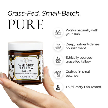 Wonderfat Grass-Fed Whipped Tallow Balm – Face & Body Moisturizer with Manuka Honey (Unscented, 3 oz)