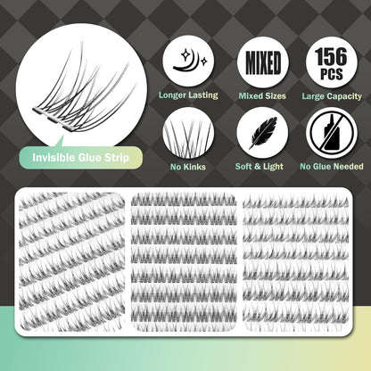 WONSIS Self-Adhesive Eyelashes – 156 Clusters, No Glue, Invisible Band