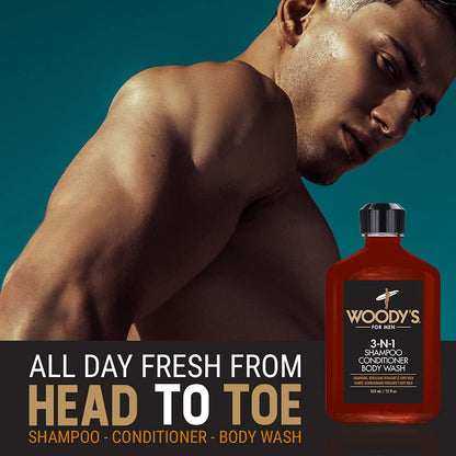 Woody's 3-in-1 Shampoo, Conditioner & Body Wash for Men – Travel-Size 12 oz