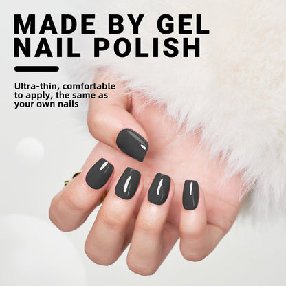 Wooyas Press On Nails Short Square – Cement Gray Soft Gel Kit, 24 Pcs, 12 Sizes, Glue Included