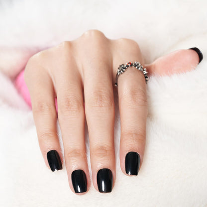Wooyas Black Press-On Nails Short – Handmade Glossy Square Kit (24 Pcs, Reusable)