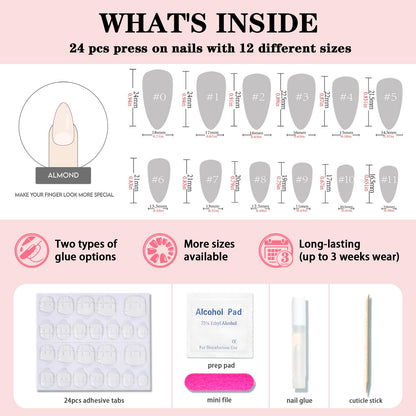 WOOYAS Almond Press-On Purple Nails – 24 Pcs Matte Gel Kit, Reusable