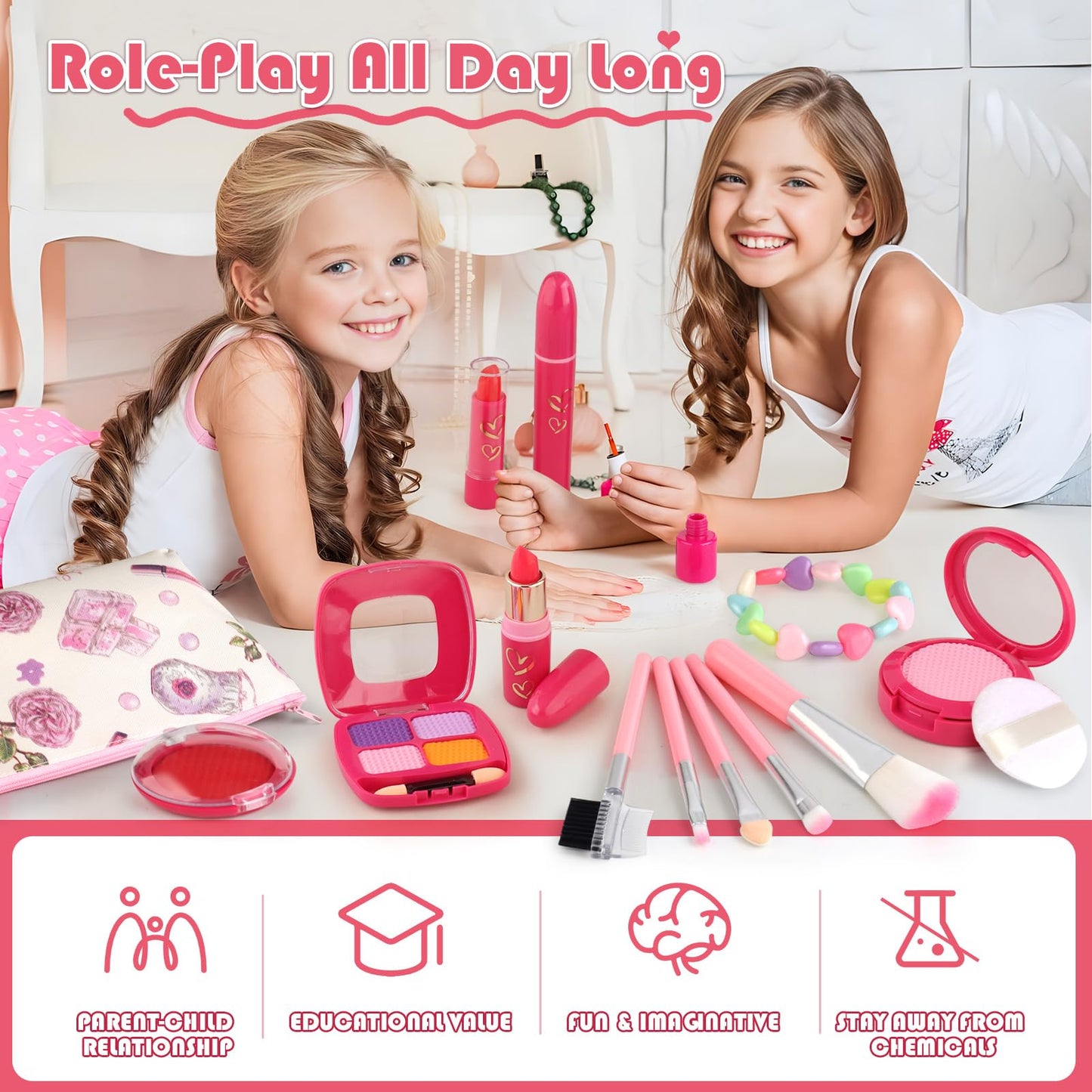 Woumserta Pretend Makeup Kit for Girls 3-7 | Safe, Mess-Free Play Set