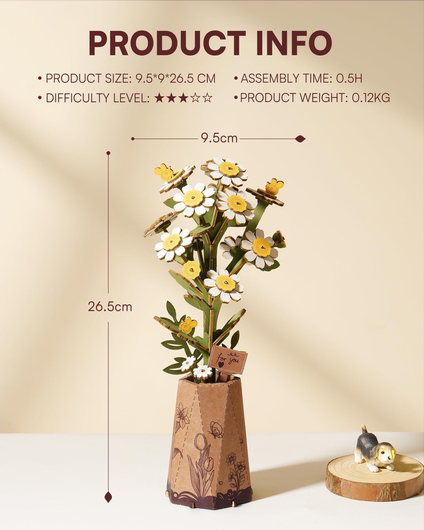 Wowood 3D Chamomile Flower Puzzle for Adults – DIY Wooden Flower Kit