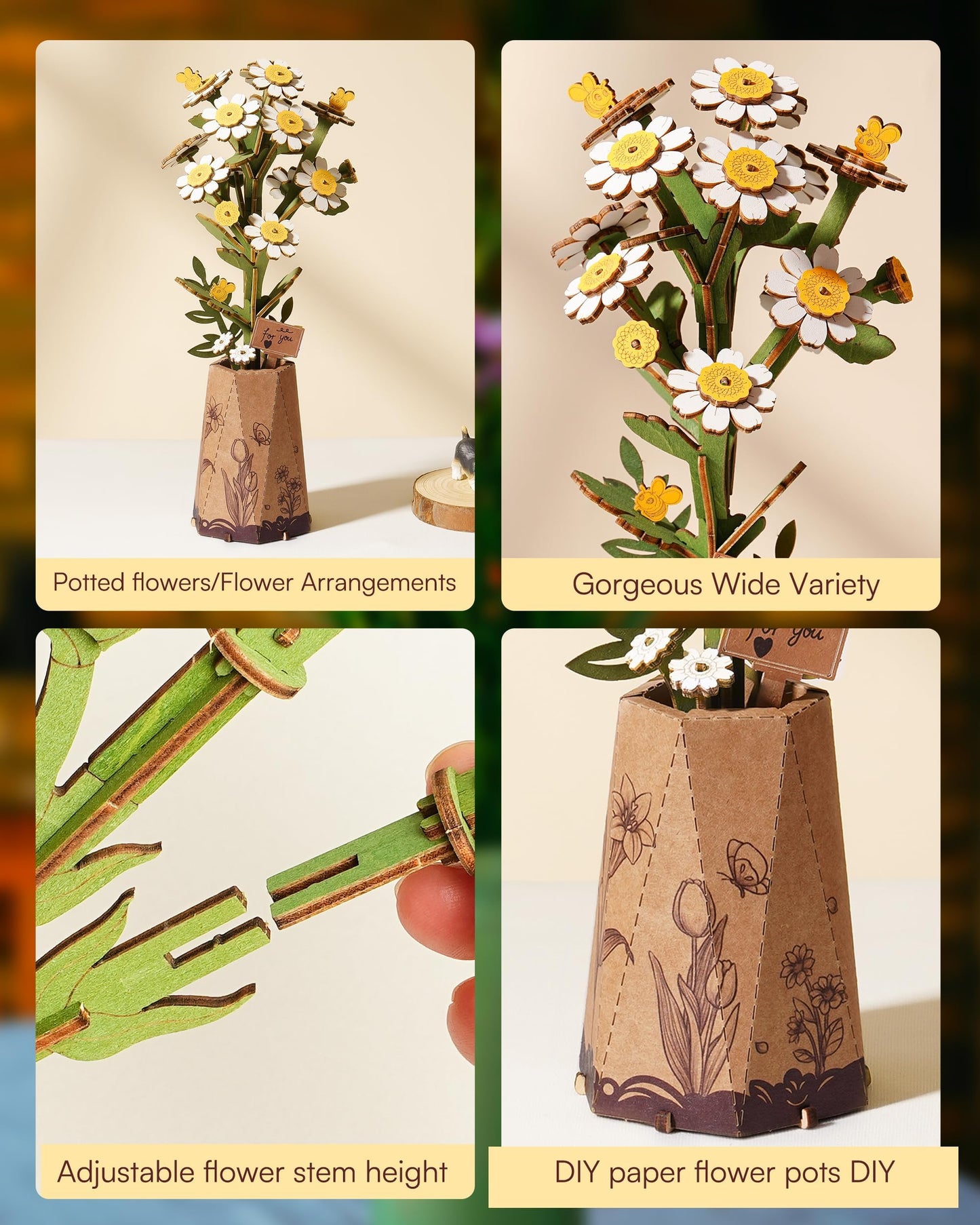 Wowood 3D Chamomile Flower Puzzle for Adults – DIY Wooden Flower Kit