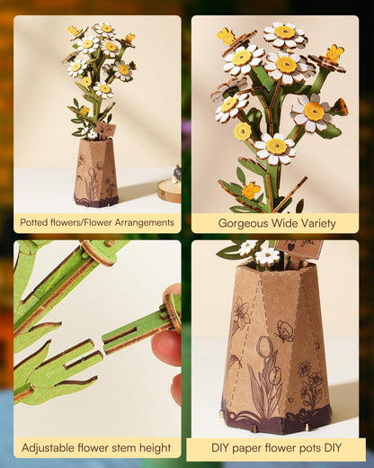 Wowood 3D Chamomile Flower Puzzle for Adults – DIY Wooden Flower Kit