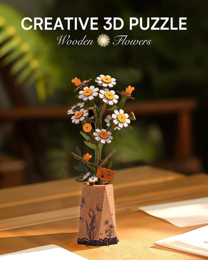 Wowood 3D Chamomile Flower Puzzle for Adults – DIY Wooden Flower Kit