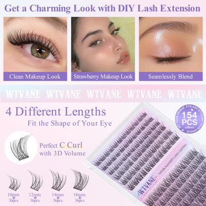 Wtvane Wispy Lash Clusters Kit – 144pcs Natural 10-16mm DIY Lash Extensions with Bond & Seal