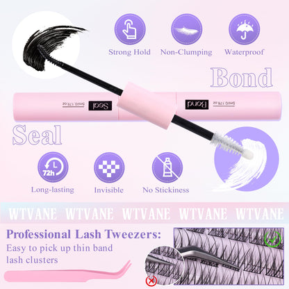Wtvane Wispy Lash Clusters Kit – 144pcs Natural 10-16mm DIY Lash Extensions with Bond & Seal