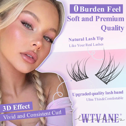 Wtvane Wispy Lash Clusters Kit – 144pcs Natural 10-16mm DIY Lash Extensions with Bond & Seal