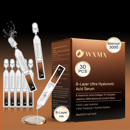 WXMX Ultra Hyaluronic Acid Serum — 8 HA Forms, Matrixyl 3000 & Collagen Tri-Complex, Multi-Layer Hydration (0.05 fl oz x 30 Ampoules)