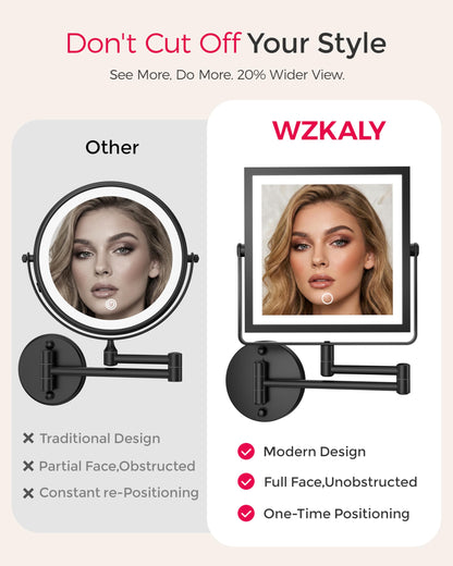 WZKALY Rechargeable Wall Mounted Makeup Mirror with Lights — 1X/10X Magnification, 3-Color LED, Foldable Arm