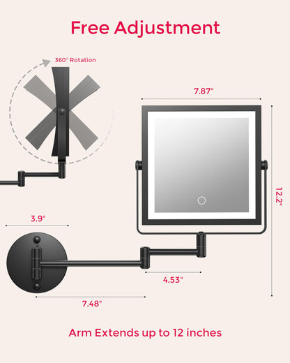 WZKALY Rechargeable Wall Mounted Makeup Mirror with Lights — 1X/10X Magnification, 3-Color LED, Foldable Arm