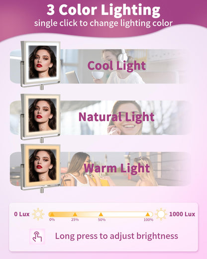 WZKALY Rechargeable Wall Mounted Makeup Mirror with Lights – 1X/10X Magnification, 3 Color Lights, Brushed Nickel