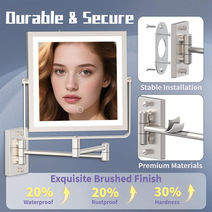 WZRUA Wall Mounted Makeup Mirror with Lights — 4000mAh Rechargeable, 1x/10x Magnification, 3-Color LED, 360° Arm