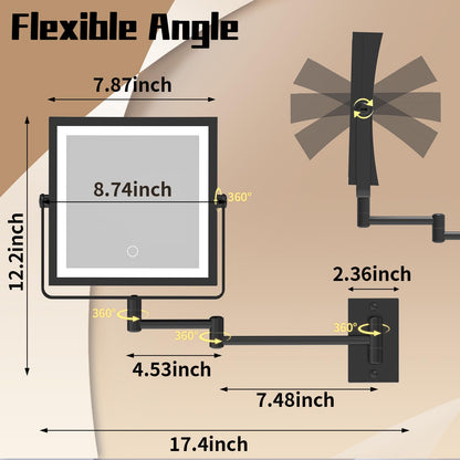 WZRUA Wall Mounted Lighted Vanity Mirror with 1X/10X Magnification - 3 Color Lights & 360° Swing Arm